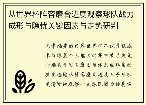 从世界杯阵容磨合进度观察球队战力成形与隐忧关键因素与走势研判