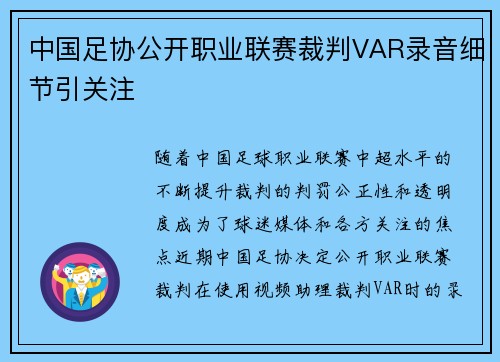 中国足协公开职业联赛裁判VAR录音细节引关注 中国足协公开职业联赛裁判VAR录音细节引关注