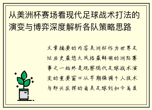 从美洲杯赛场看现代足球战术打法的演变与博弈深度解析各队策略思路